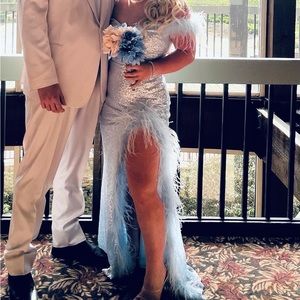 Sky blue feather prom dress